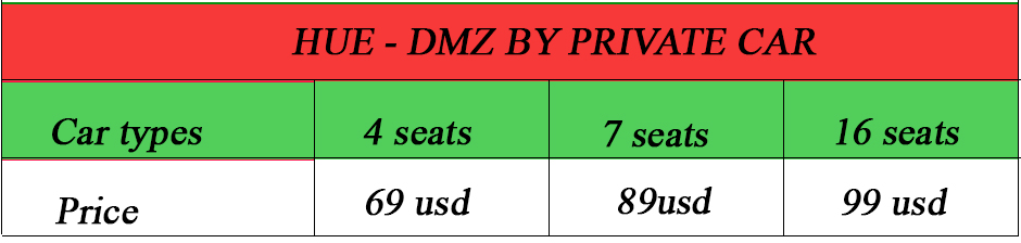 Hue-to-dmz-private-car-pricelist
